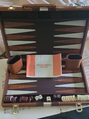 Vintage faux leather backgammon set in a travel briefcase style. Made In Taiwan.